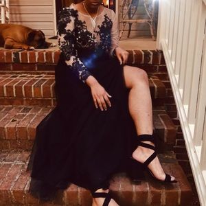 black longsleeve laced a-line prom dress / gown